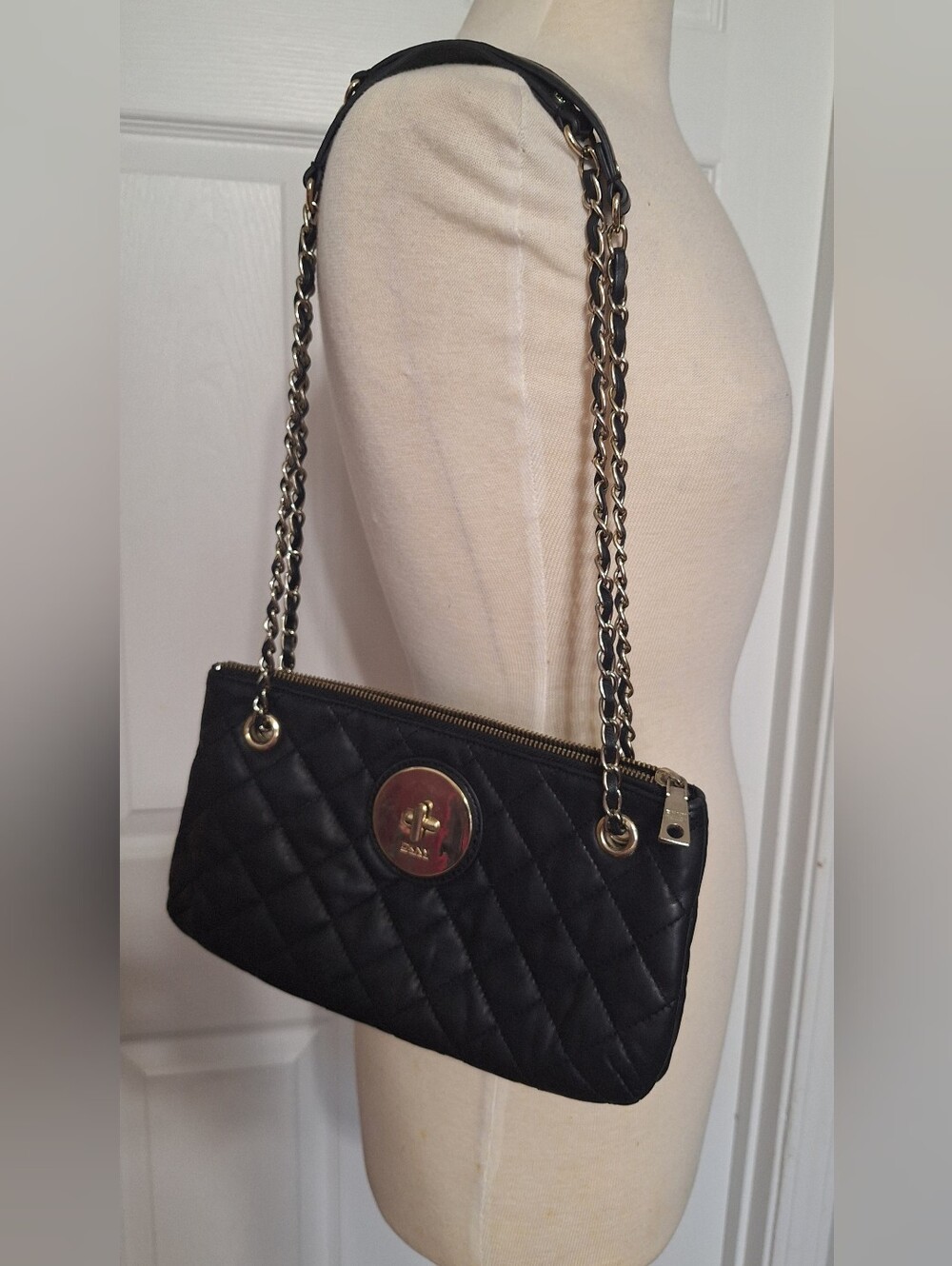 DKNY Quilted Black Shoulder Bag with Chain Strap Geniune Leather